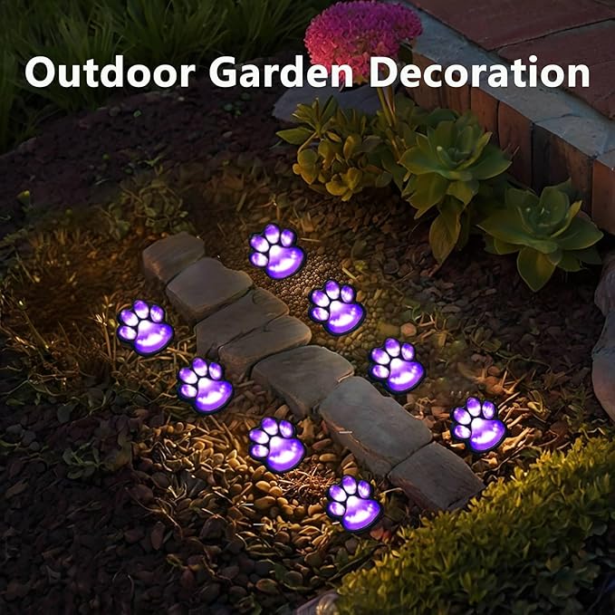 Paw Print Solar Lights - Outdoor Garden Decoration Waterproof, Cat Dog Animal Outdoor Garden (Set of 4), Grave Memorial Gifts, Gifts for Cat Dog Lovers (Purple Lights)