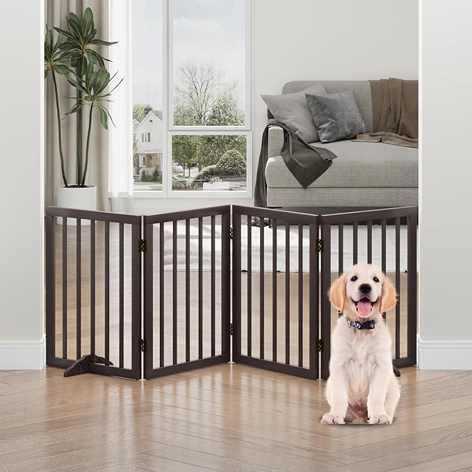 Dog Gate, Freestanding Dog Gates for Doorways, Foldable Dog Gate Indoor, Pet Gates for Doorways Bedroom, Puppy Gate with Metal Support Feet, Room Divider 4 Panels (Brown)