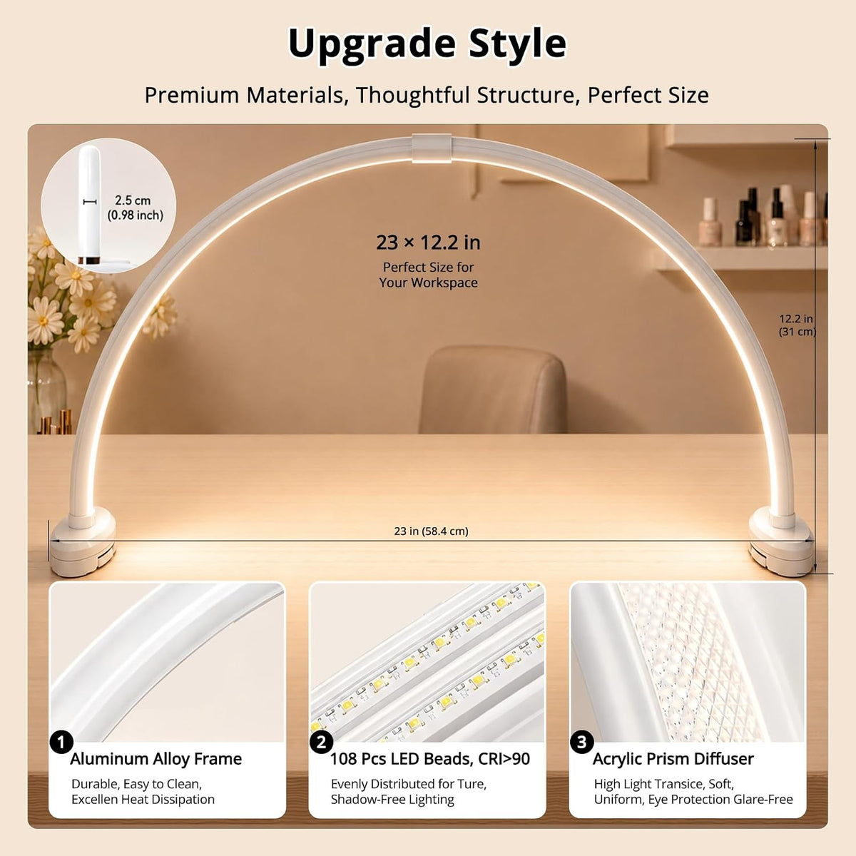 Yokilly Half Moon Light for Nail Desk: 23" Detachable Nail Light for Desk