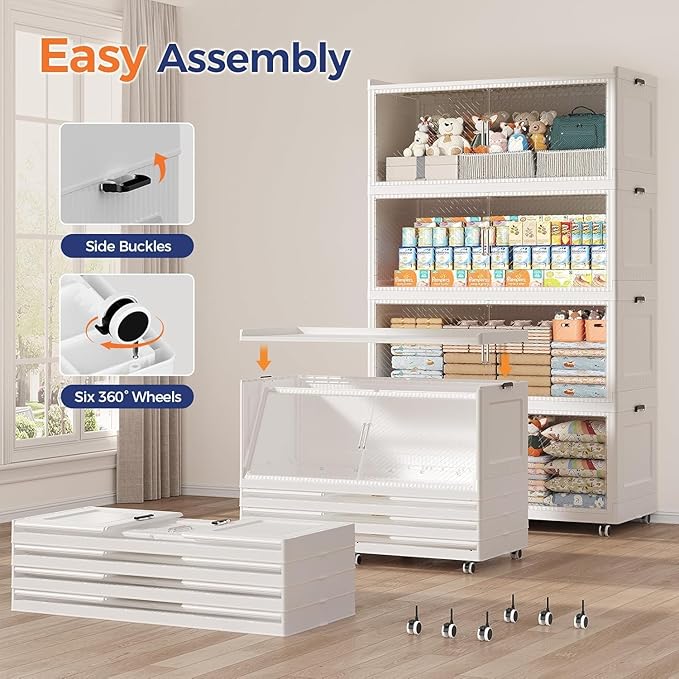 320Gal Extra Large Stackable Storage Bins with Lid, 1280Qt Collapsible Storage Box with Wheels, Closet Organizers and Storage Cabinet Container for Home, Kitchen, Office, 4Pack White Clear
