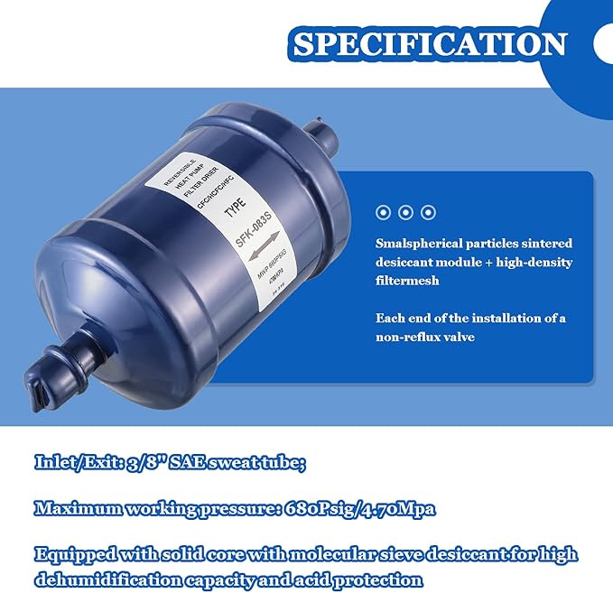 BOJACK Refrigerant Filter Drier Bi-Flow Liquid Line SFK-083S 3/8" Sweat Filter