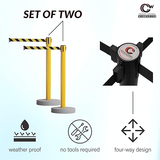 Crowd Control Warehouse - CCW Set of 2 Retractable Belt Barrier Stanchion, Water Fillable Base MSH630-11 Foot Belt, Black/Yellow Belt with Yellow PVC Plastic Post