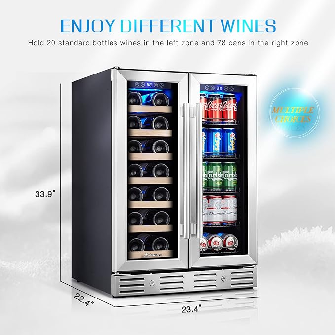 24 Inch Wine and Beverage Fridge, Wine Refrigerator Dual Zone Hold 20 Bottles and 78 Cans,Built-In or Freestanding Digital Touch Control