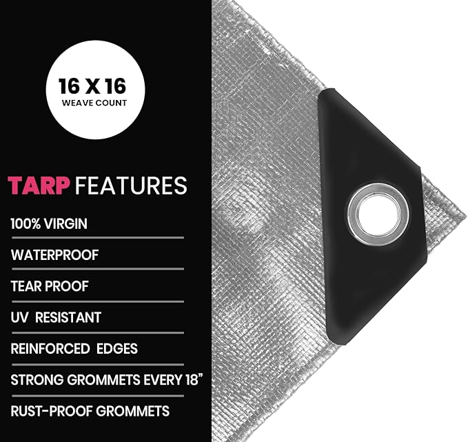 PROTARP Extreme Heavy Duty 22 Mil Tarp Cover, Waterproof, UV Resistant, Rip and Tear Proof, Poly Tarpaulin with Reinforced Edges for Roof, Camping, Patio, Pool, Boat. (Silver/Black 12′ X 20′)