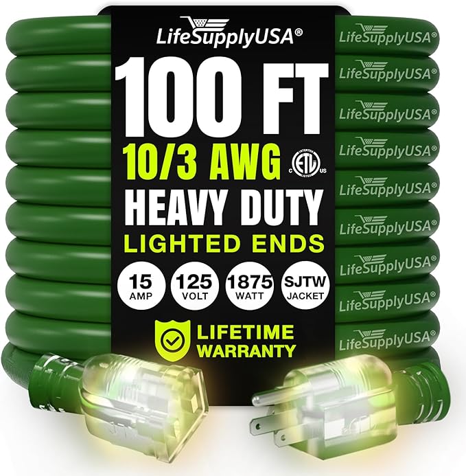 100ft Outdoor/Indoor Extension Cord 10/3 Gauge Ultra Heavy Duty 3 Prong SJTW, Waterproof, ETL Listed, Flexible Cold-Resistant Long Power Cord,15A 125V 1875W, Green by LifeSupplyUSA