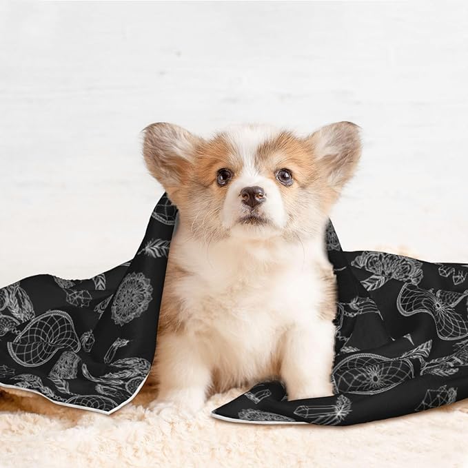 Pet Blanket for Travel and Home, Black and White Mysterious Dream Catcher, Reversible Plush Dot Design with Soft Grip Texture on One Side Perfect for Car Seats Moving Vehicles