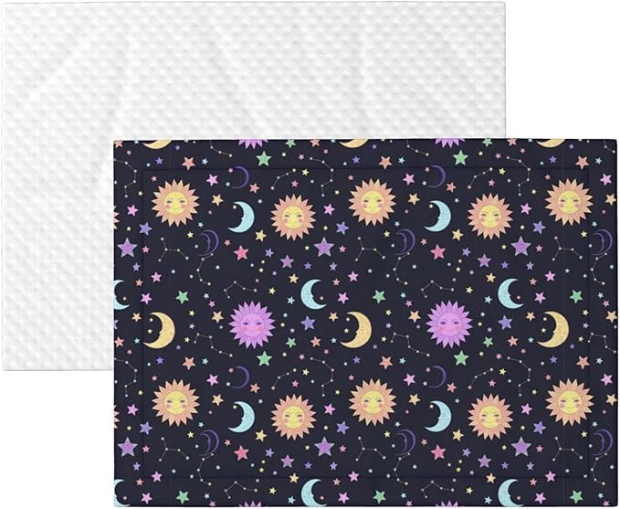 Double Sided Pet Bed Blanket for Added Cushion Warmth, Trippy Sun Moon Stars, Reversible Cover with Textured Dot Surface for Existing Beds Standalone Mat