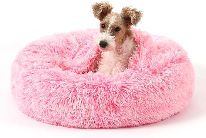 NOYAL Calming Dog Bed for Anxiety, Hooded Donut Cave with Blanket, Plush Fluffy Washable Pet Bed for Small Medium Dogs & Cats