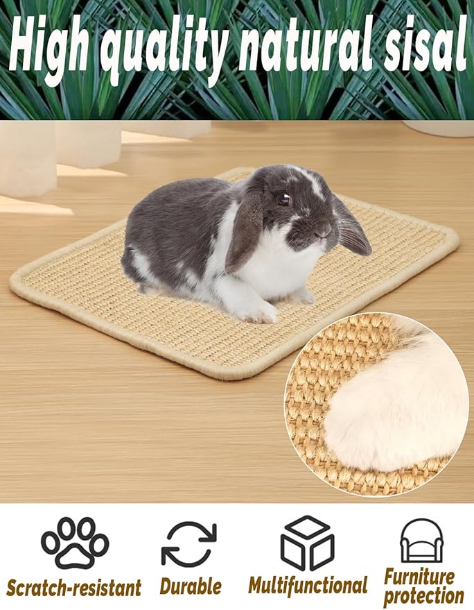 Rabbit Scratcher Mat 4 Pack Natural Sisal Bunny Scratching Mats, Small Animal Scratch Pad Rug for Indoor Grinding Claw Pad for Guinea Pigs Chinchillas (Beige)