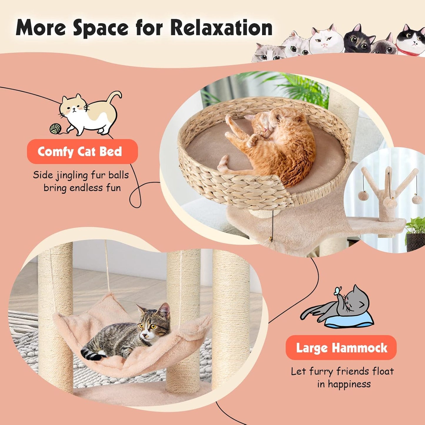 PETSITE Woven Cat Tree, Modern Cat Tower with Hammock & Scratching Posts, Cattail Condo & Top Perch, Cat Activity Tree for Indoor Cats