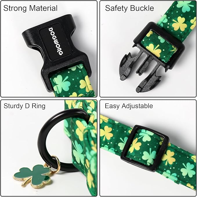 DOGWONG St Patrick's Day Dog Collar-Cute Green Clovers Dog Collars, Adjustable Shamrock Pet Collars Trefoil Puppy Collars with Quick Release Buckle for Girl&Boy Dogs,M