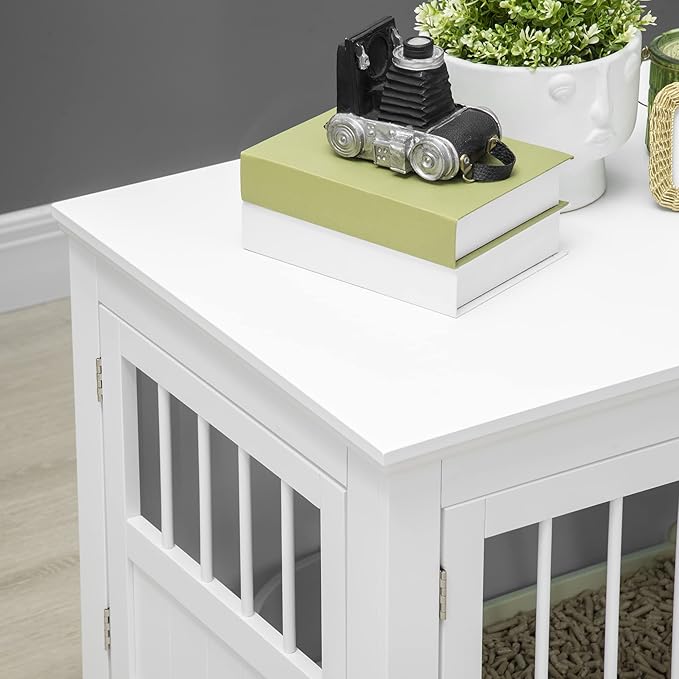 PawHut Dog Crate End Table with Triple Doors, Wooden Dog Crate Furniture Indoor Use, Puppy Crate for Small Dogs, White