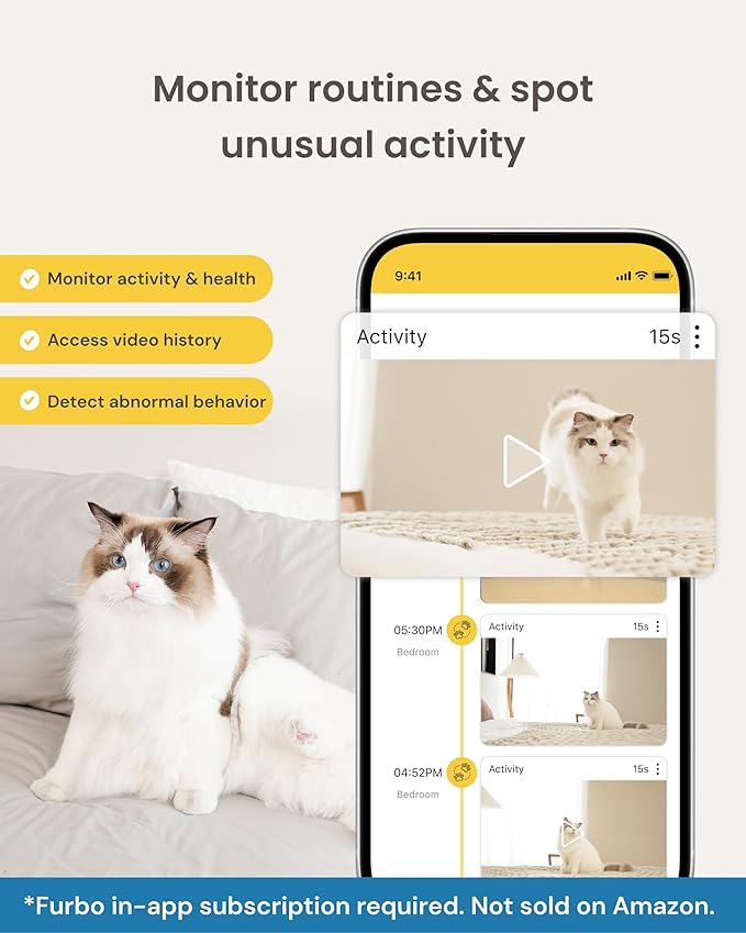 Furbo 360° Cat Camera [Subscription Required] Unlock w/Paid Plan: Home Security & Pet Safety Alerts, Rotating Treat Toss w/ 2-Way Speaker, Smart Cam w/Phone App (Low Risk, 3mo Min. Cancel Anytime)