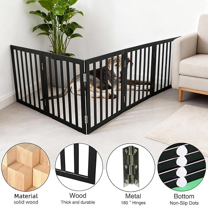 ZJSF Freestanding Indoor Dog Gate for House Foldable Wood Black Puppy Gate for Doorways Pet Gate for Stairs Extra Wide Pet Fence 32" Height 6 Panels