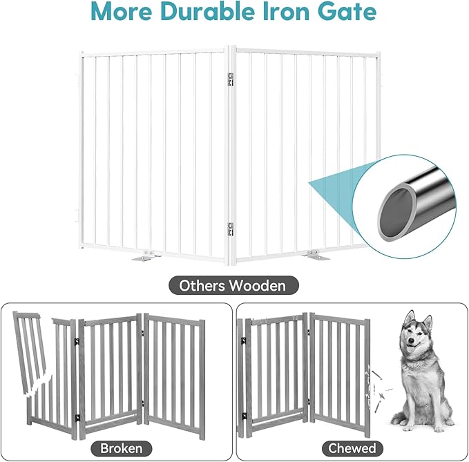 No Pawblems Free Standing Dog Gate with Door, 30'' Tall Foldable Dog Fence for Indoor & Outdoor, Up to 52 Inch Extra Wide Puppy Gate for Stairs, Hallways, Doorways, Deck, Yard (White, 2 Panels)