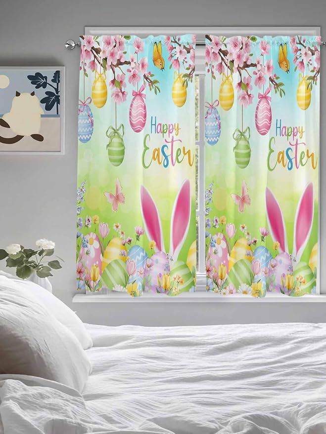 Easter Bedroom Curtains 63 Inches length, Spring Bunny Colorful Rabbit Eggs