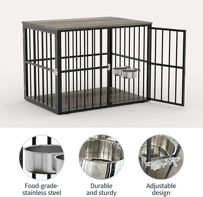 43 Inch Indoor Wooden Dog Crate Side Table, Furniture Style Pet Cage with Double-Door Access and Adjustable Food Bowl, Heavy-Duty Dog Kennel for Medium and Large Breeds