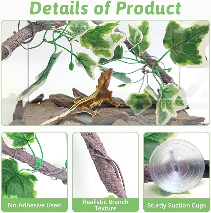 VCEPJH Reptile Climbing Branch Decor 2 Pcs Bendable Jungle Vine with Suction Cup Terrarium Plant Decoration for Gecko Bearded Dragons, Snake,Frogs, Chameleons Cage Accessories (V)