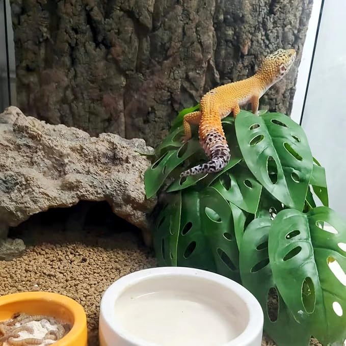 Reptile Plants for Terrarium Decor,Amphibian Habitat Decor, Bearded Dragon Tank Accessories,Artificial Plants for Gecko Chameleon Snake Tortoise with Base (Swiss Cheese)