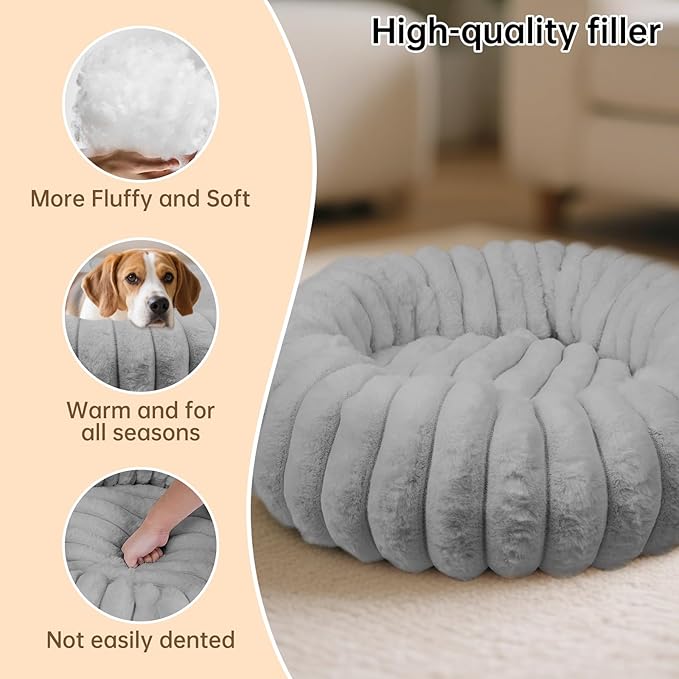 Donut Dog and Cat Bed, Luxurious Comfortable Faux Rabbit Fur Pet Beds, Round Anti-Anxiety Calming Puppy Kitten Bed with Anti-Slip Bottom for Small Medium Dogs & Cats(36", Grey)