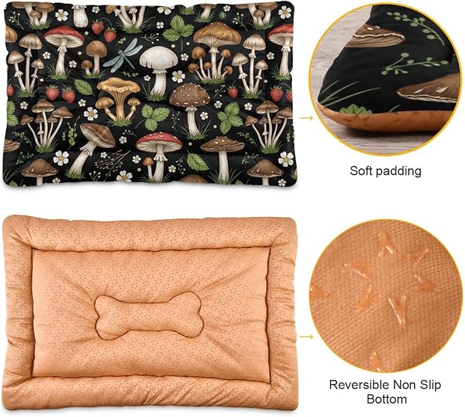Emelivor Mushrooms Black Dog Cat Bed Washable Crate Pet Bed Anti-Slip Comfortable Dog Kennel Crate Mat for Indoor Small Medium Large Dogs,36x24in