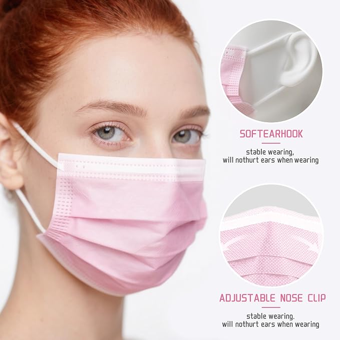 NNPCBT Pink Disposable Face Masks 100 Pack, 3-Ply Breathable Mask
