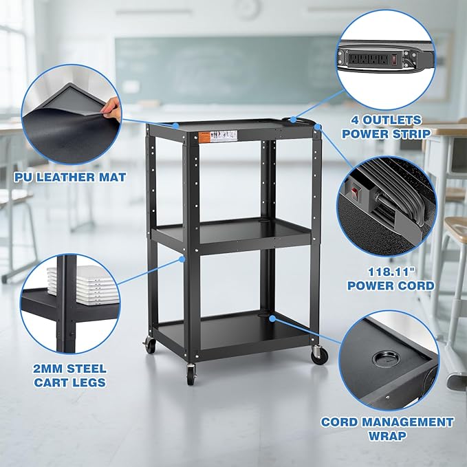 3 Shelf Metal Utility Cart with Wheels & Power Strip - Steel Mobile AV Cart for Video Projector, TV, Laptop, Computers, Printers - Height Adjustable Media Carts for Office Classroom Warehouse