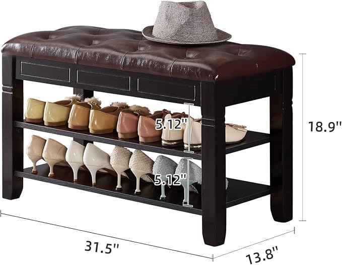 Shoe Storage Bench with Cushion, Entry Bench with Storage Solid Wood Shoe Bench