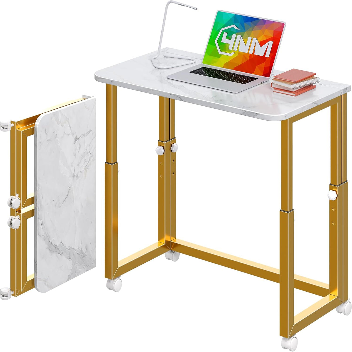 4NM No Tool Assembly 27.5" Small Desk, Folding Portable Desk with Wheels, Foldable Computer Home Office Desks, Collapsible Study Writing Table for Space Saving Bedroom - White Gold
