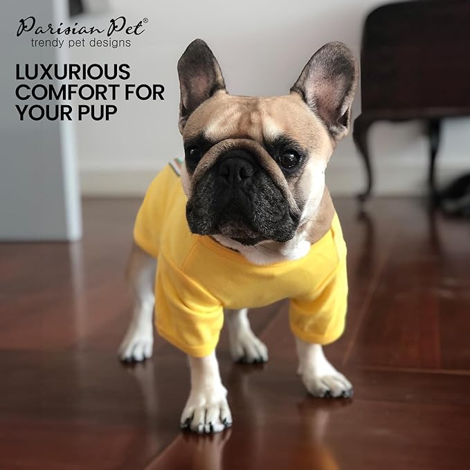 Parisian Pet Dog Shirt - Embroidered “Mustard on My Food“ - 100% Cotton and Polyester Dog Clothes - Sleeved, Lightweight Costume for Dogs - Yellow Dog Shirts for Large Dogs - Pet Costumes - 3XL