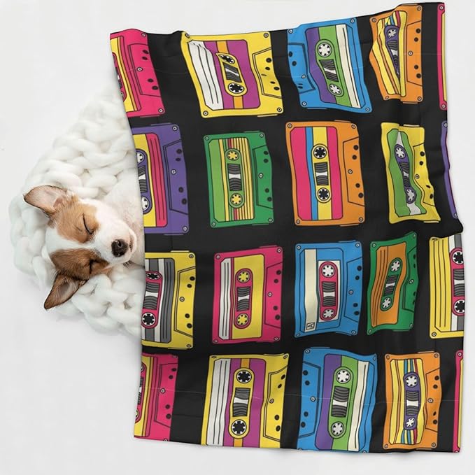 Reversible Dog Blanket for Beds Couches, Colorful Retro Cassette Pattern, Double Sided Cat Blanket with Textured Dot Feel and Smooth Feel for Seasonal Comfort All Year