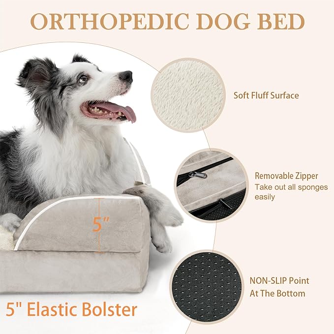 Comfort Expression Orthopedic Dog Bed for Extra Large Dogs 53x42 Inch, Waterproof Supportive Egg Crate Foam XXL Pet Bed with Removable Bolsters, Dog Couch with Washable Cover & Non-Slip Bottom, Beige