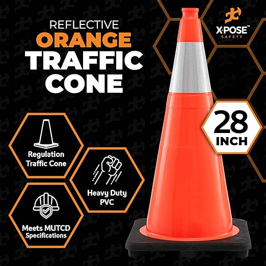 Xpose Safety 28 Inch Orange Traffic Cones with 6" Collar - 6 Pack Multipurpose PVC Plastic Safety Cone for Parking, Soccer, Caution, Kids and Construction - DOT Approved