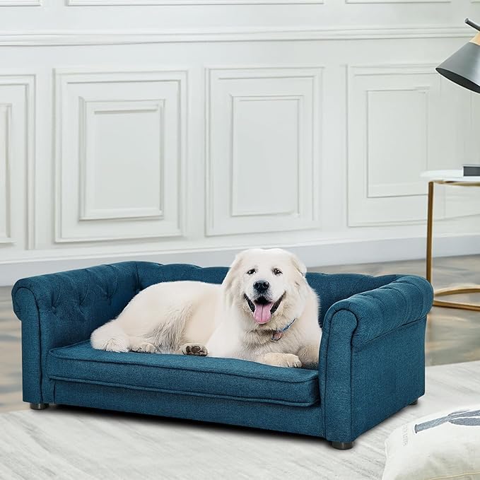 Elevated Rectangle Dog Sofa for Small & Medium Dogs - Comfortable Linen Fabric Dog Bed with Button Tufted Back, Durable Modern and Stylish Pet Bed for Living Room, Bedroom (Blue)