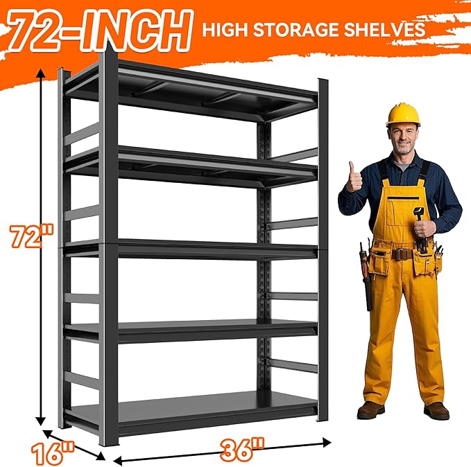 Adjustable 5-Tier Garage Shelving, Heavy Duty Steel Storage Shelves, High Load Capacity Shelf, Ideal for Garage, Warehouse, or Home Organization (with Fences, 36" W*16" D*72" H)