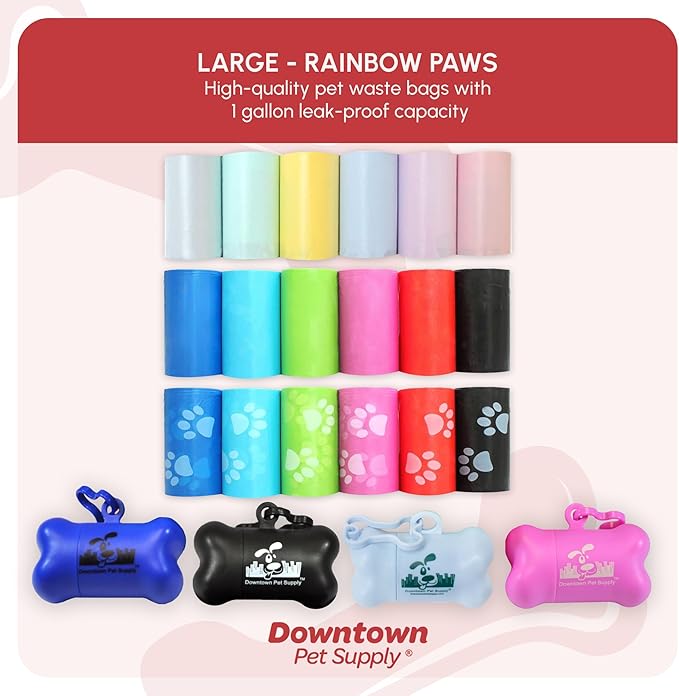Downtown Pet Supply Poop Bags for Dogs with Dispenser, 220 Count - Leak-Proof Dog Waste Bags and Bone-Shaped Dog Poop Bags Holder for Leash - Rainbow with Paw Prints, 12.5" x 8.5"