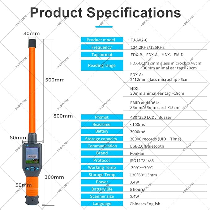 Pet Microchip Scanner, FDX-B/HDX/EMID Animal Handheld ID Scanner Reader, with LCD Display, Rechargeable Battery, Storage Up to 20000 Datas, USB Connection, for Farms Shelters
