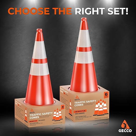 GECCO ™ (6 Pack) 28 Inch 7 Lb Heavy Duty Orange Traffic Cones Set | Durable Safety Cones, Orange Cones, Parking Cones, Construction Cones, Road Cones | PVC Plastic & Black Base - [PRO Series]
