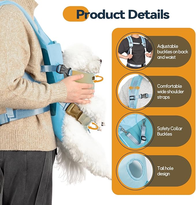 Pet Dog Front Carrier Backpacks, Legs Out Secure-Fit Dog Front Carrier for Small Dogs Up to 17 lbs, Adjustable Hands Free Pet Chest Carrier for Hiking Cycling (S, Blue)