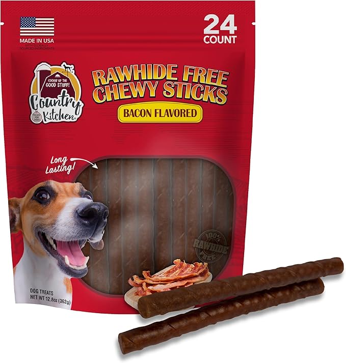 Country Kitchen Rawhide Free Chewy Stick Dog Treats, Bacon Flavor, Made in The USA, 24 Count