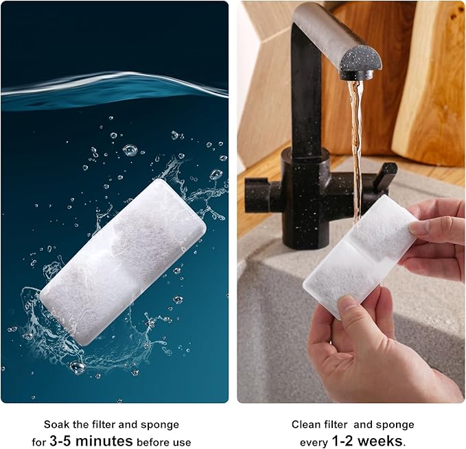 6 Pack Cat Water Fountain Filters, Replacement Filters Compatible for 128oz/3.78L Wireless Stainless Steel Pet Water Dispenser, 6 Filters + 6 Sponges
