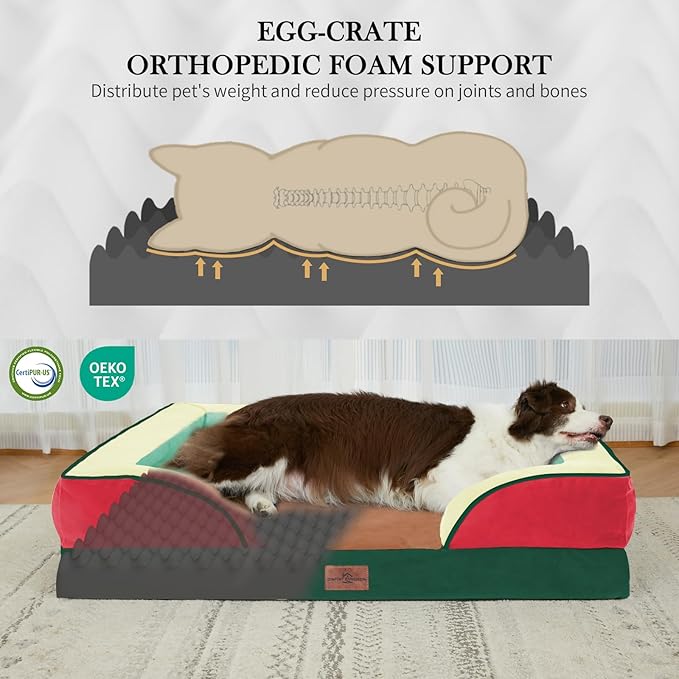 Comfort Expression Orthopedic Dog Bed for Large Dogs 36x27 Inch, Waterproof Egg Crate Foam Large Pet Bed with Removable Bolsters, Dog Couch with Washable Cover & Non-Slip Bottom, Watermelon Mist