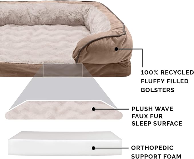 Furhaven Orthopedic Dog Bed for Large Dogs w/ Removable Bolsters & Washable Cover, For Dogs Up to 125 lbs - Plush & Velvet Waves Perfect Comfort Sofa - Brownstone, Jumbo Plus/XXL