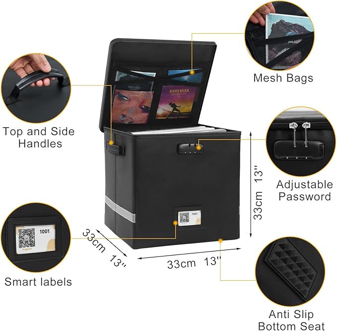 Medium Next of Kin Box Organizer with Smart Labels, Fireproof Foldable File Organizer with Combination Lock, 10 Hanging Files and 20 Category Labels for Label Documents,(M:13 * 13 * 13in)