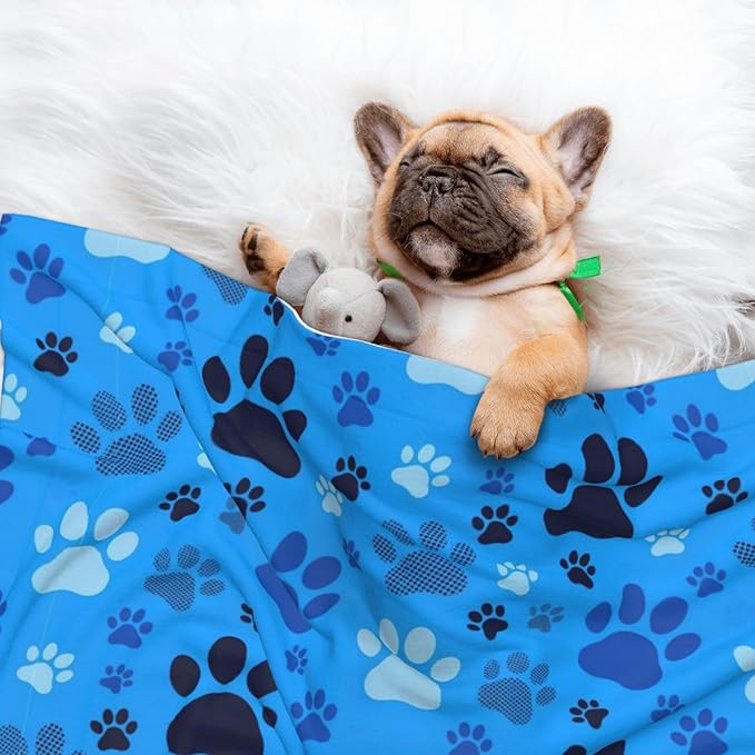 Double Sided Plush Pet Blanket with Cozy Dot Texture and Smooth Reverse, Blue Puppy Pug Dog Paw Print, Reversible Throw for Dogs Cats on Couches Beds Crates