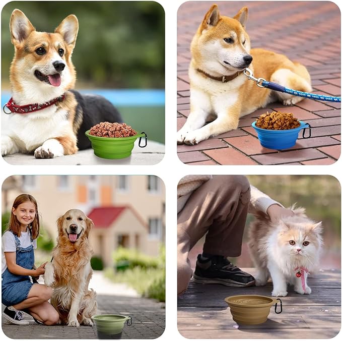 PetBonus 2-Pack Large Silicone Collapsible Dog Bowls, 34oz/1000ml BPA Free Portable Foldable Travel Bowl for Pet Cat, Food Water Feeding Dish for Camping with 2 Carabiners (Grey, Chalk Pink)