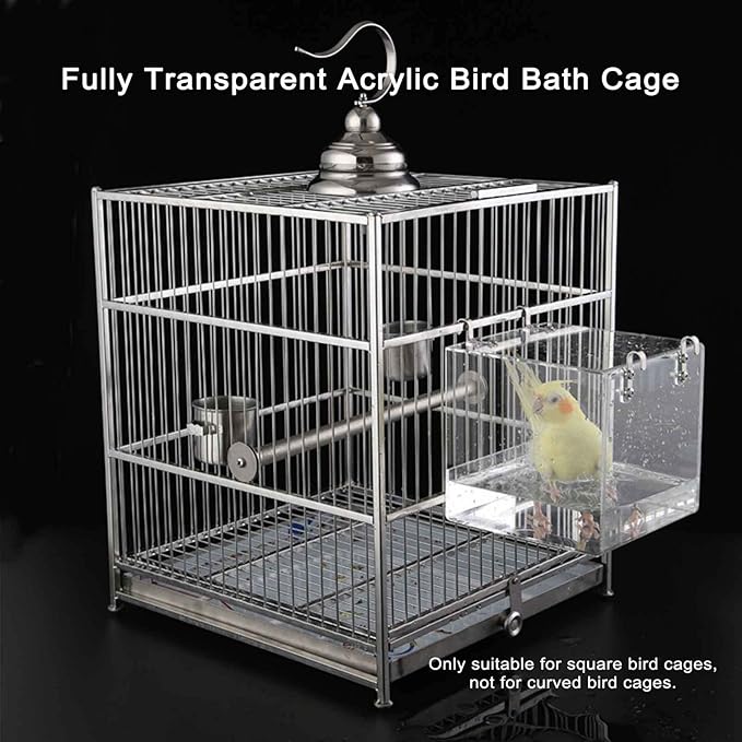 Hanging Cube Bird Bath Cage, Transparent Bird Bathtub Bath Shower with Stainless Steel Hooks for Small Bird Canary Parakeet Budgerigar Parrots Crested Myna Cockatiel Lovebird (Large)