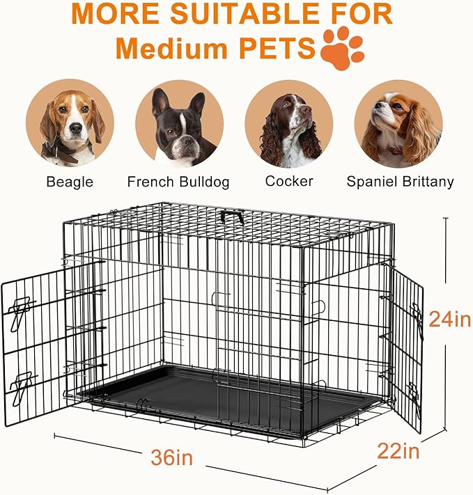 FDW Dog Crate 36inch Dog Cage Foldable Metal Kennel with Leakproof Tray Foldable Design Indoor Outdoor Use for Medium Dogs,Black