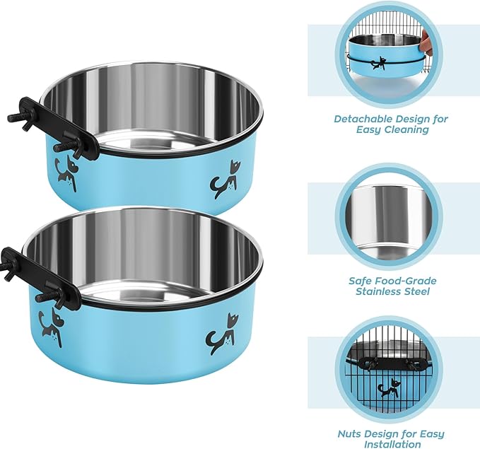 Dog Crate Bowls Hanging No Spill, 2 Pack Dog Crate Water Bowl, Kennel Food Bowls Mountable for Crates, Large Stainless Steel Pet Cage Accessories Feeder Coop Cup Dish for Puppy Bunny Guinea Pig Ferret