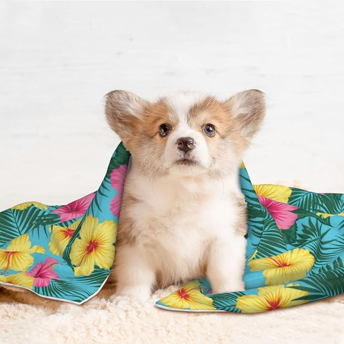 Double Sided Plush Pet Blanket with Cozy Dot Texture and Smooth Reverse, Hawaii Tropical Floral Plants, Reversible Throw for Dogs Cats on Couches Beds Crates